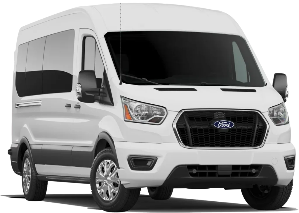 White Ford Transit passenger van rental option